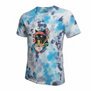 HANDMADE Blue Tie Dye Ramen Cat Graphic T-Shirt Unisex Medium Steffys Studio